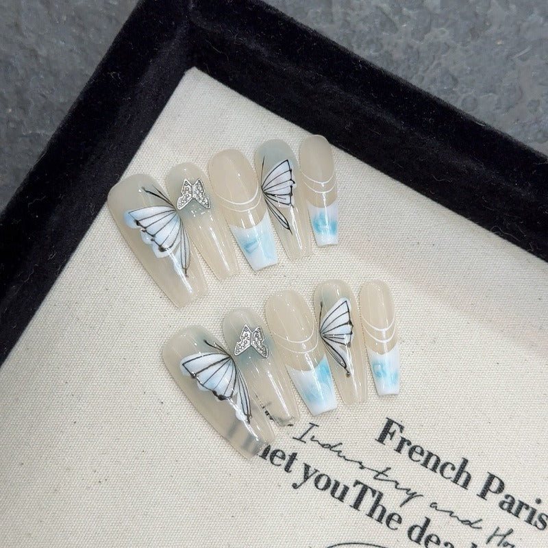Blue Preppy Butterfly Handmade Press On Nail