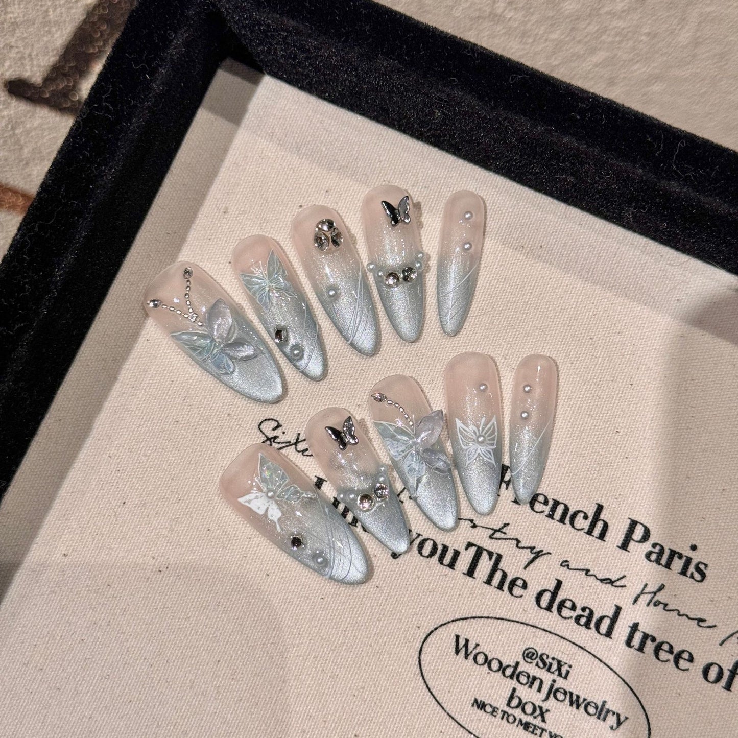 Butterfly Cat Eye Nails in Mint Handmade Press On Nail