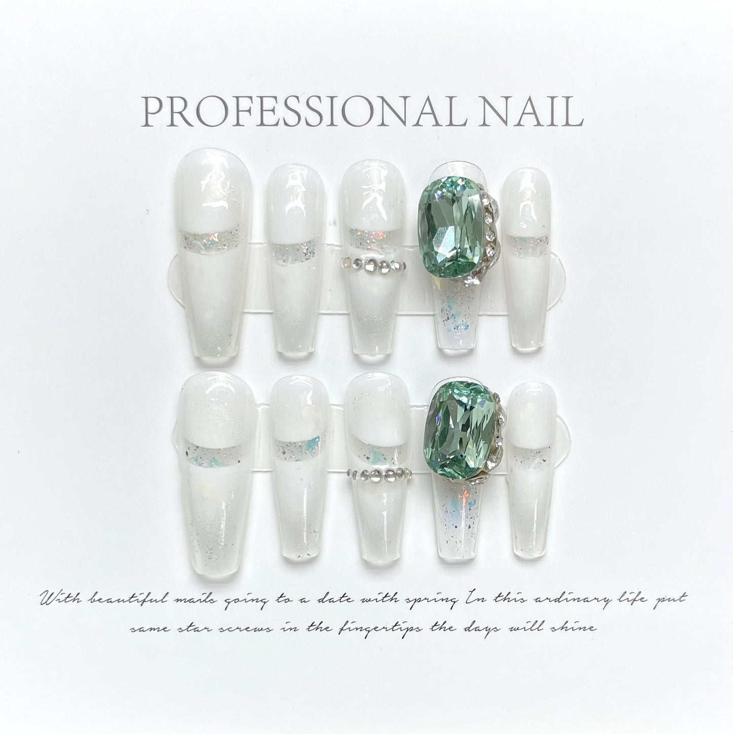 Emeralds On White Sand Handmade Press On Nail