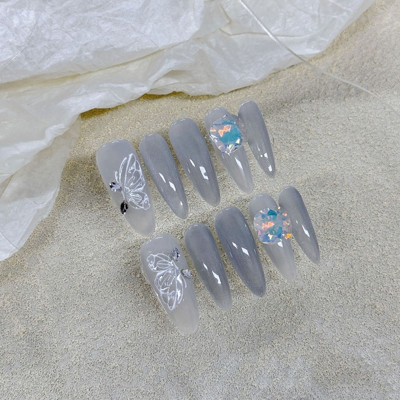 Misty Blue Butterfly Cat's Eye Handmade Press On Nail