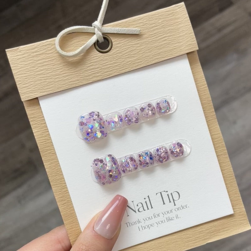 Purple Glitter Square Handmade Press On Toe Nails