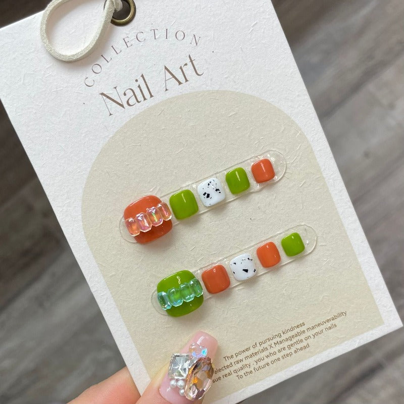 Green-orange Colour Scheme Square Handmade Press On Toe Nails