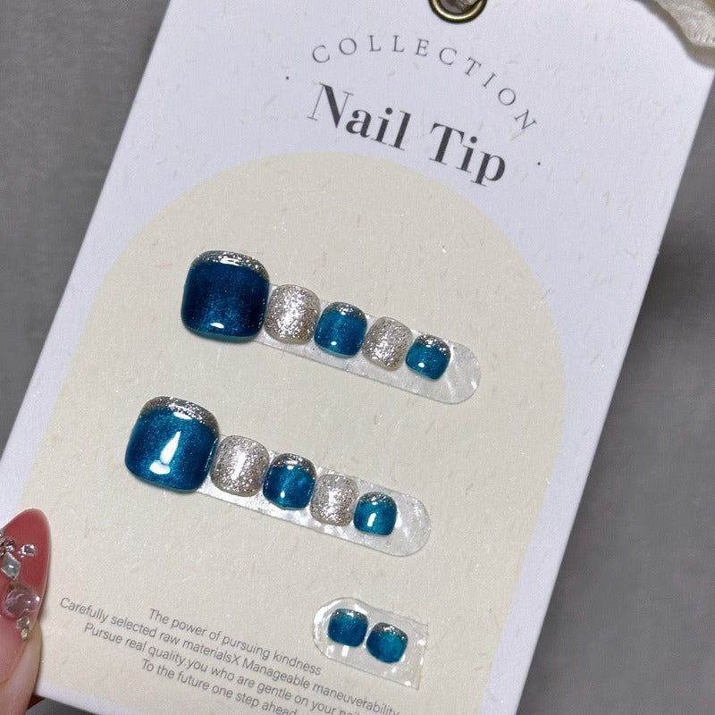 Blue With Silver Trim Handmade Press On Toe Nails