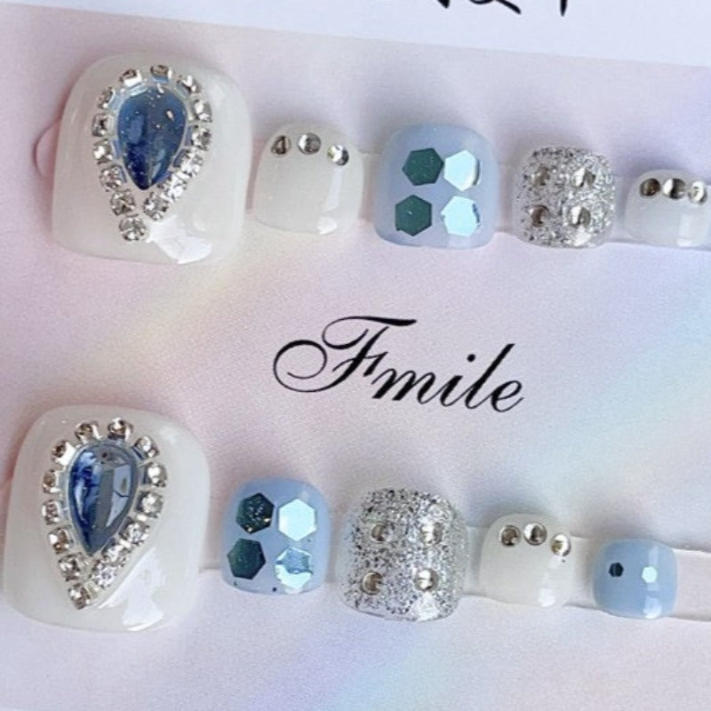 Creamy Blue Drops Handmade Press On Toe Nails