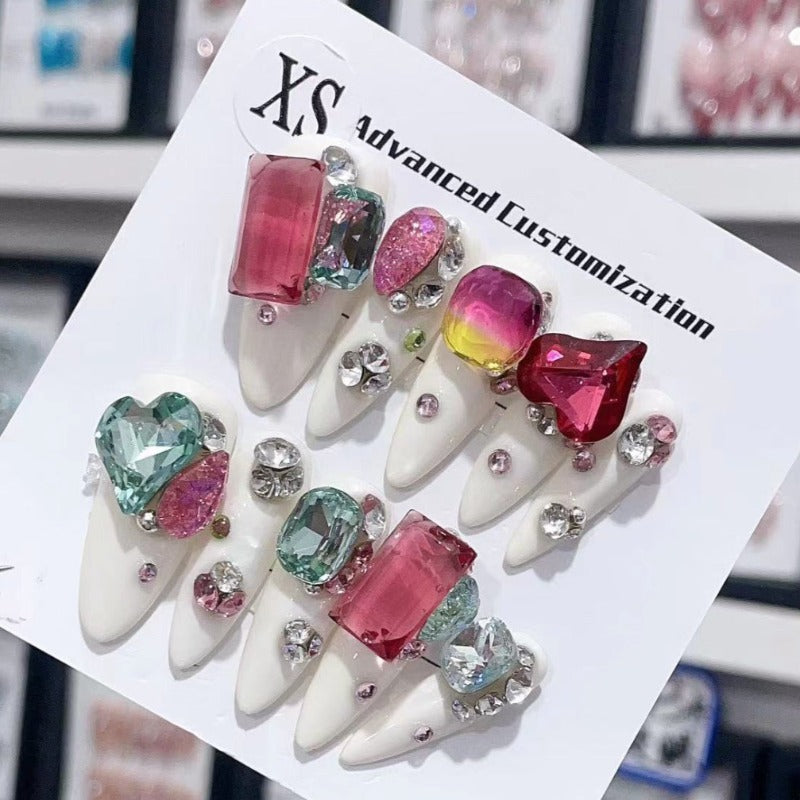 Diamond Glitter Pop Pink Green Handmade Press On Nail