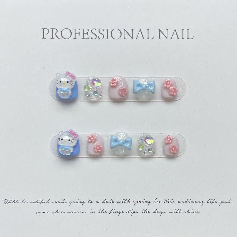 Blue Hellokitty Handmade Press On Nails