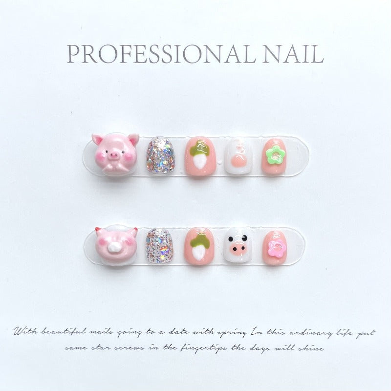 Cute Piglet Arching Cabbage Handmade Press On Nails