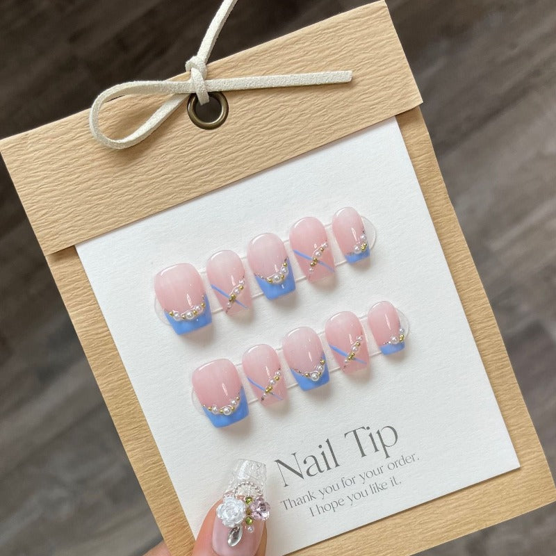Blue Pearl Trim Handmade Press On Nail