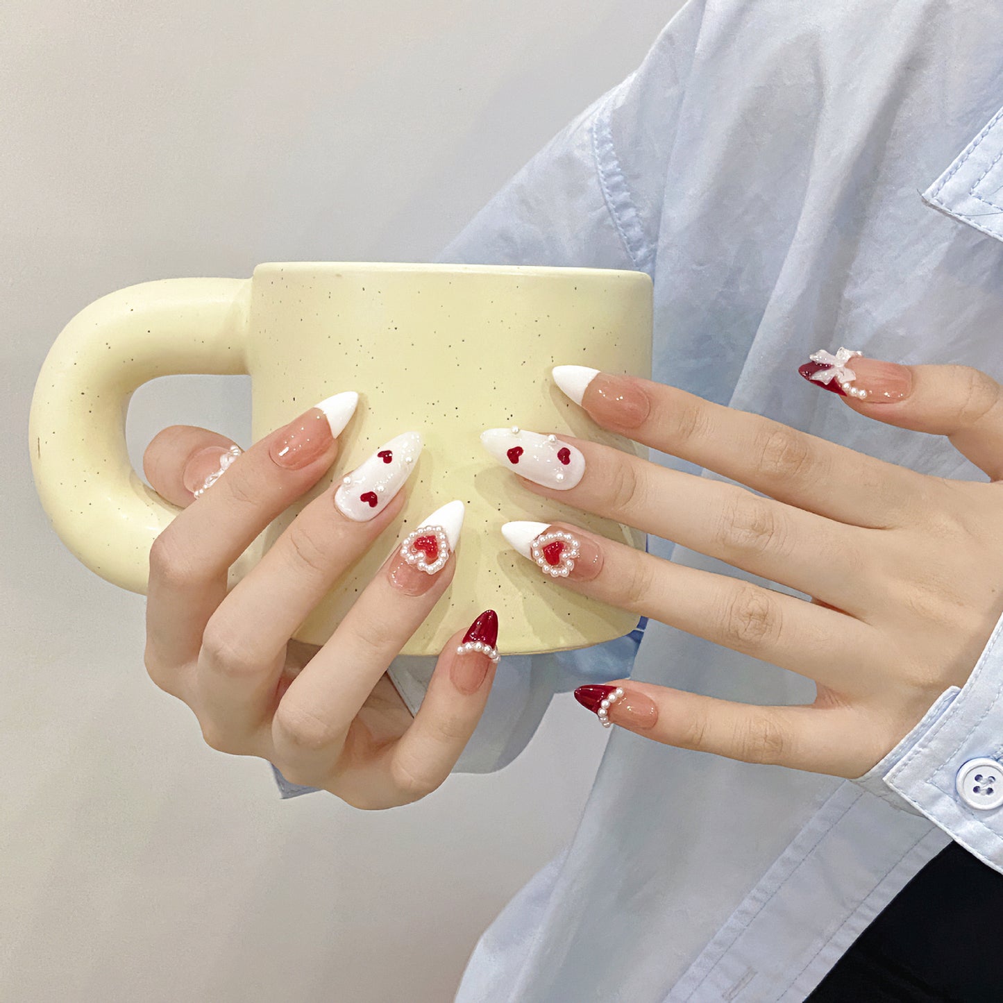 Pearl French Bow Almond Nail Handmade Press On Nail