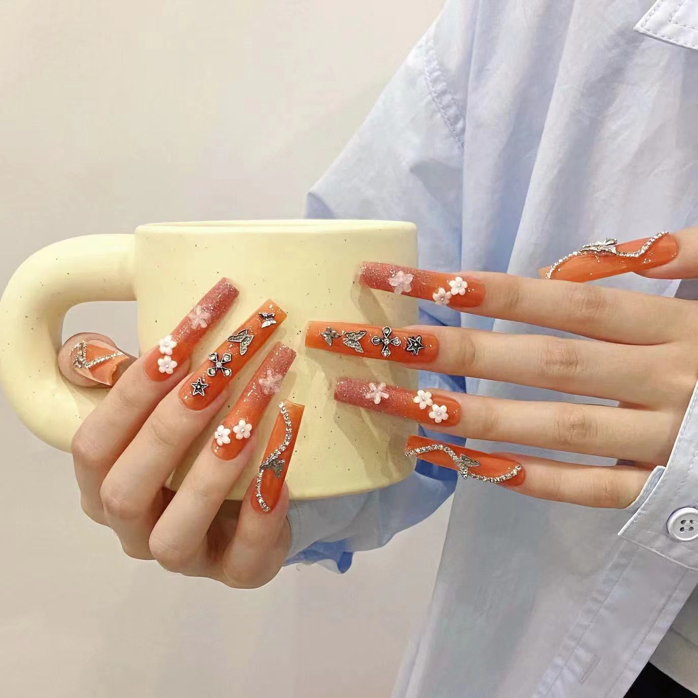 Metallic Butterfly Orange Extra Long Nail Press On Nail