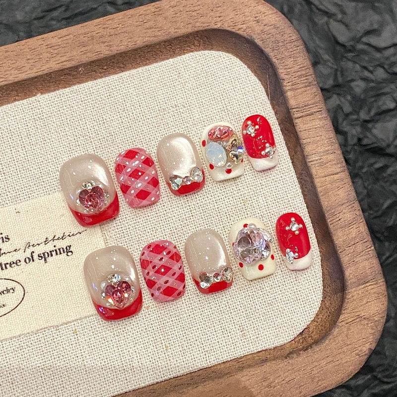 Plaid Red Short Nails