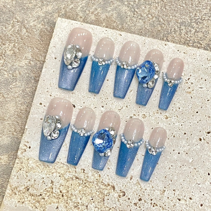 Big Blue Diamond French Nail Handmade Press On Nail