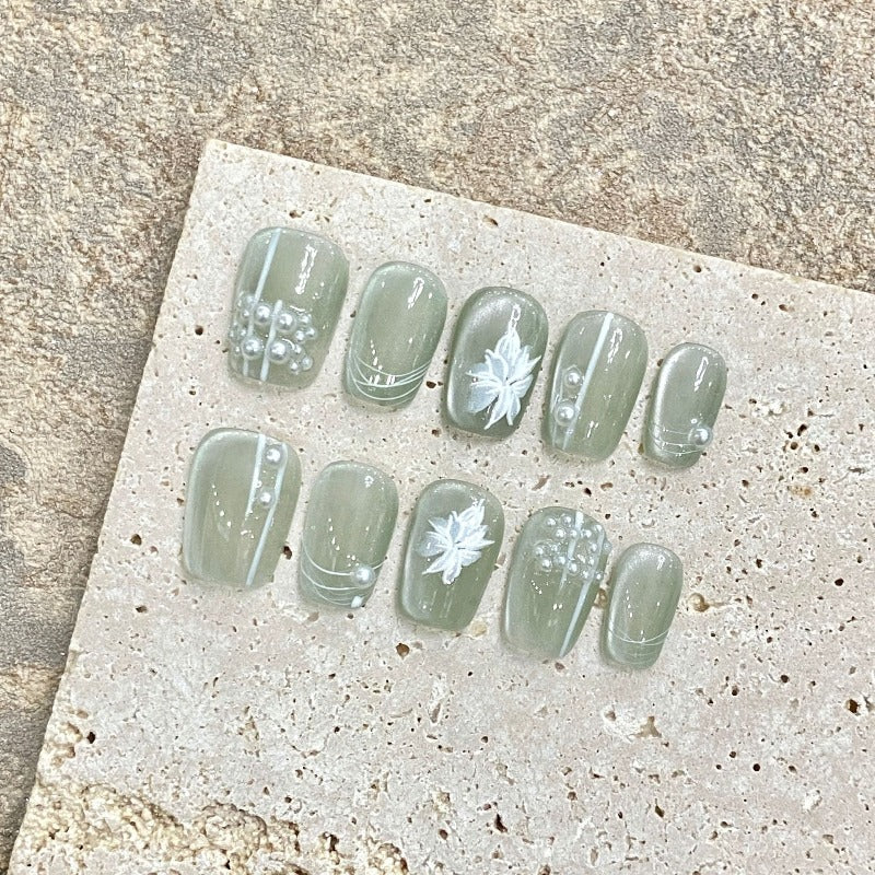 Hand Painted Flower Light Green Nail Handmade Press On Nail
