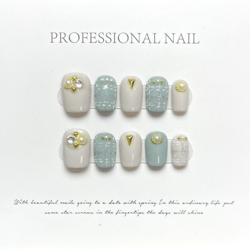 Elegant Plaid Grass Green Nail Handmade Press On Nail