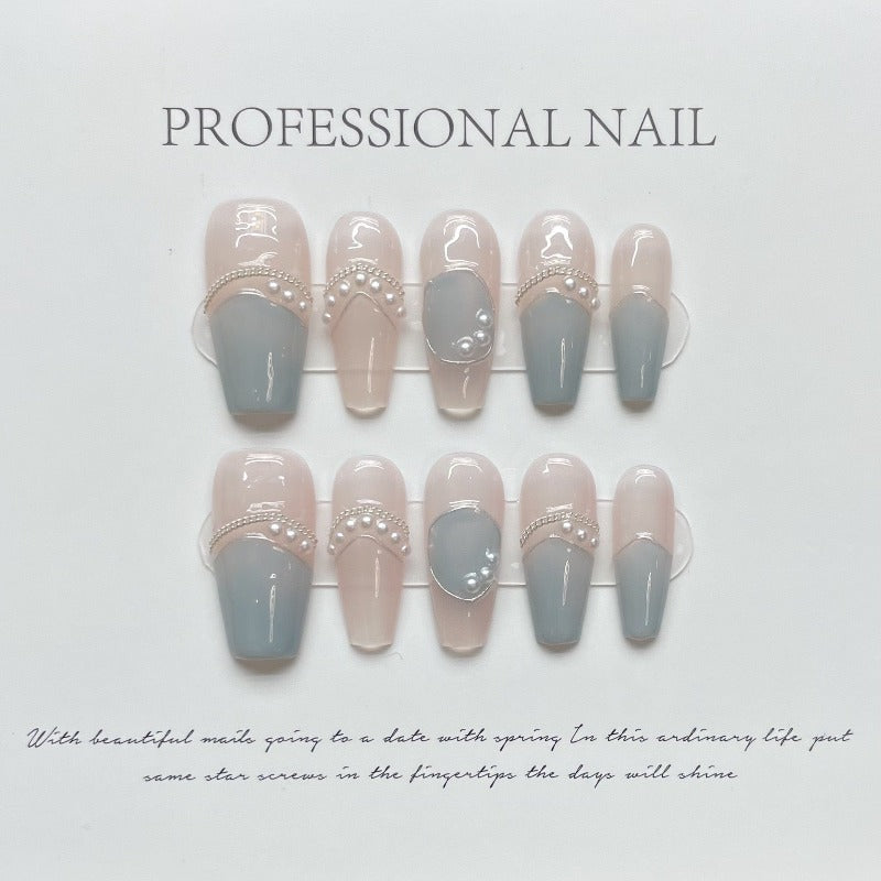 Elegant Pearl Light Green French Nail Handmade Press On Nail