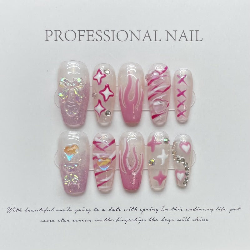 Gentle Bow Flame Pink Nail Handmade Press On Nail