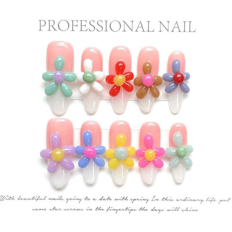 Colourful Balloon Flower French Nail Handmade Press On Nail