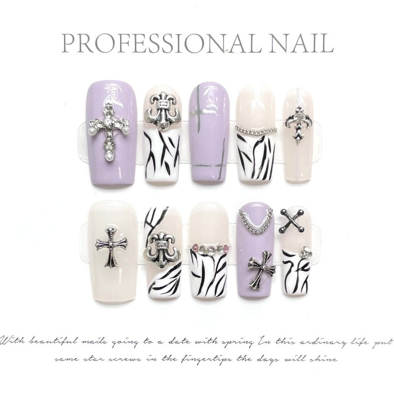 Cross Gradient Zebra Crackle Handmade Press On Nail