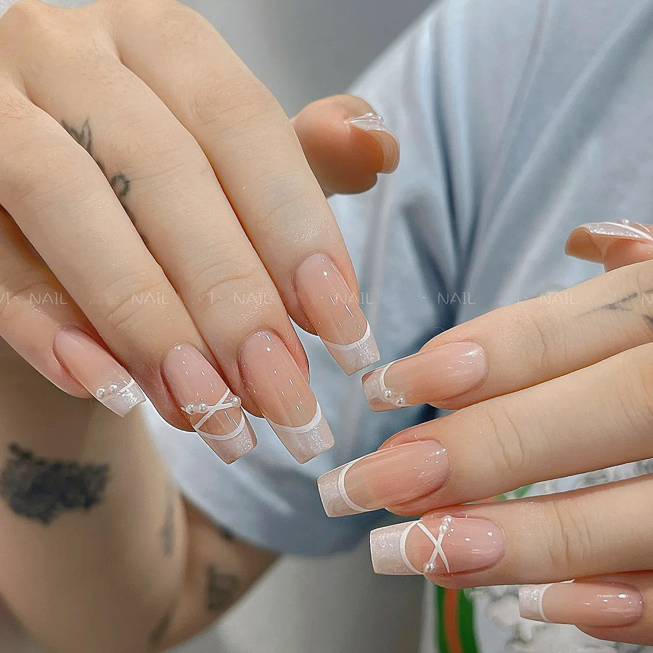 Gentle Silver French Nail Handmade Press On Nail