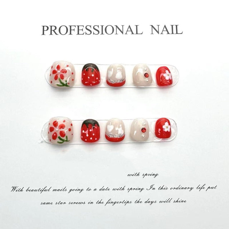 Hand-painted Little Red Flowers Handmade Press On Nails