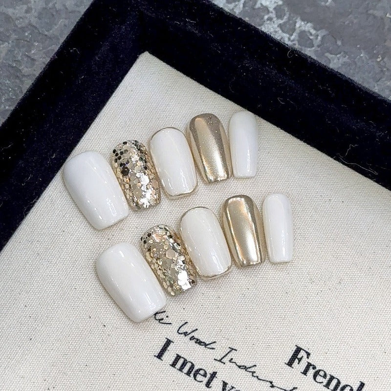 Milk White Champagne Gold Handmade Press On Nail