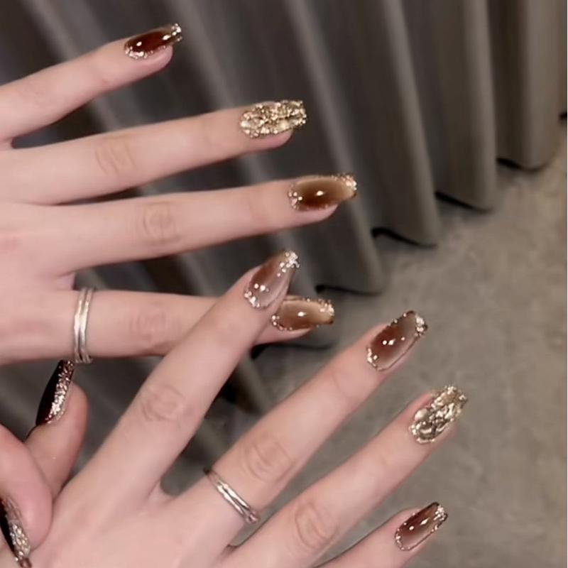 Mirador Brown Starry Cat Eye Champagne Nails Handmade Press On Nails