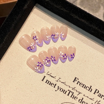 Purple Flower French Nail Handmade Press On Nail