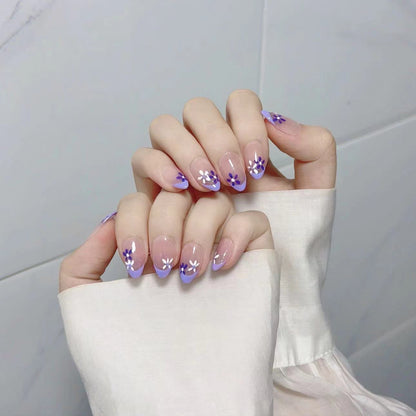 Purple Flower French Nail Handmade Press On Nail