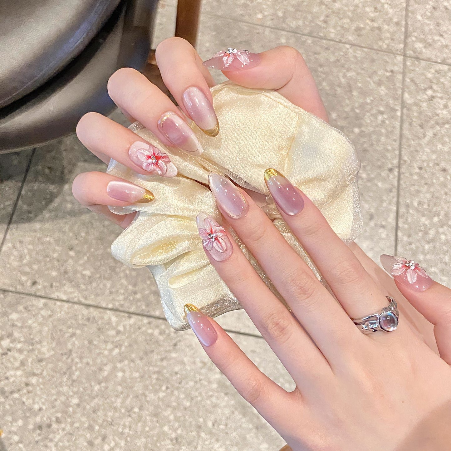 Big Flower Pink Nail Handmade Press On Nail