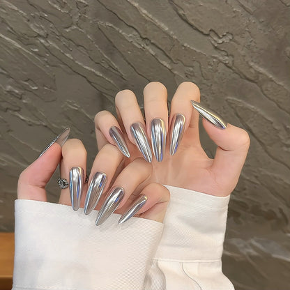 Technicolor Silver Long Almond Nails Handmade Press On Nail