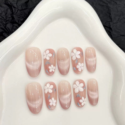 Floral Pink Cat Eye Nail