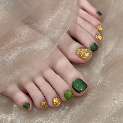 Sparkling Bright Green Armour  Handmade Press On Toe Nails