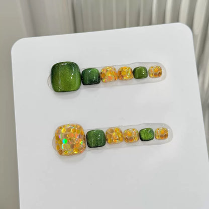 Sparkling Bright Green Armour  Handmade Press On Toe Nails