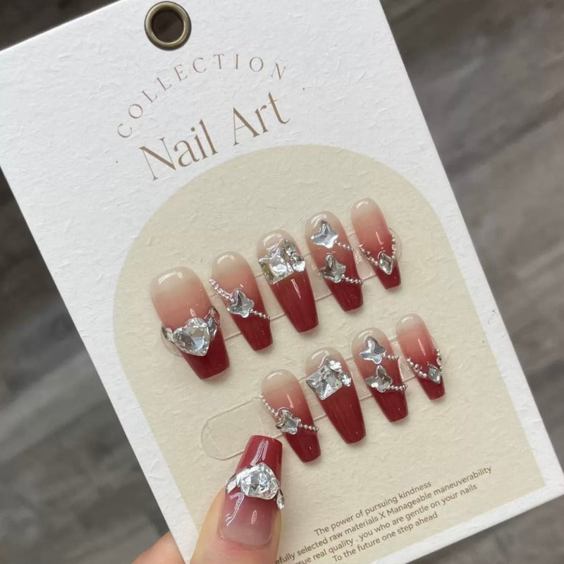 French Red Rhinestone Gradient Nail Art