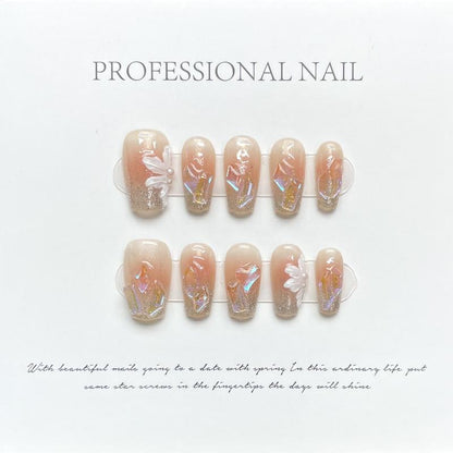 Hand Painted Flower Crushed Diamond Pink Nail Handmade Press On Nail