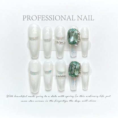 Emeralds On White Sand  Handmade Press On Nail