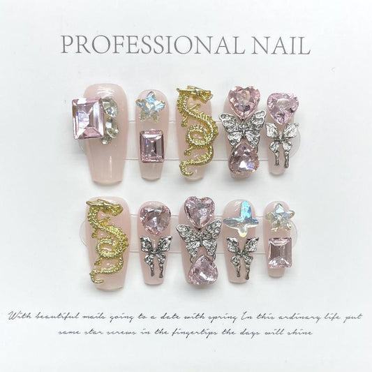 Silver Dragon Pink Nail Handmade Press On Nail