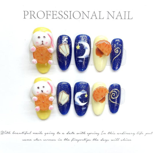 Bunny Eating Mooncake Handmade Press On Nail