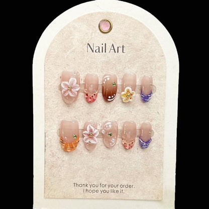 3D Floral Short Almond Nail Handmade Press On Nail