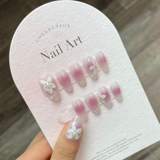 Hand Painted Flower Pink Short Nails Handmade Press On Nail