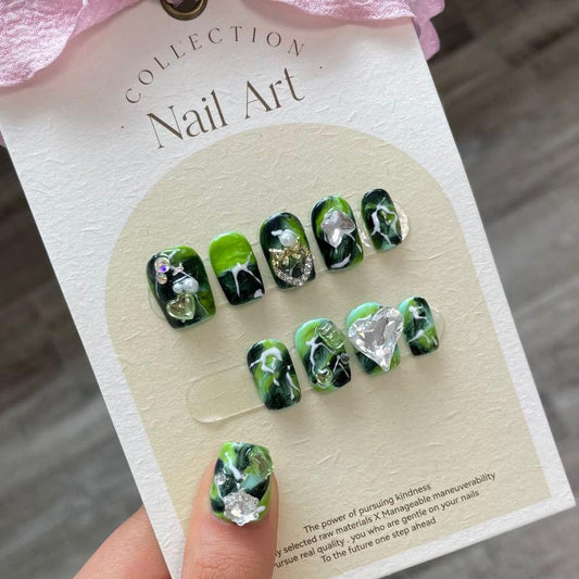 Masonry In Green Algae Handmade Press On Nail