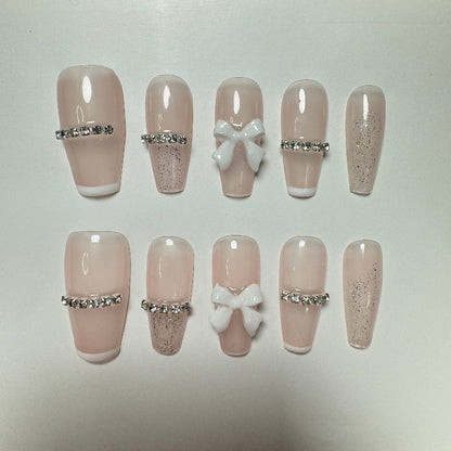 Nude Ribbon Rhinestone Nail