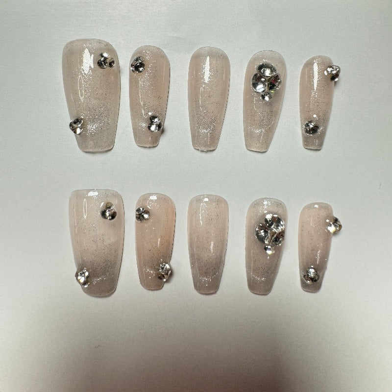 Small nude coloured diamonds Handmade Press On Nail