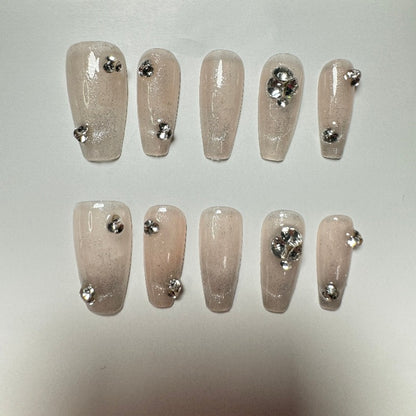 Small nude coloured diamonds Handmade Press On Nail