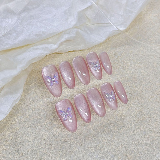 Pink Butterfly Cat's Eye  Handmade Press On Nail