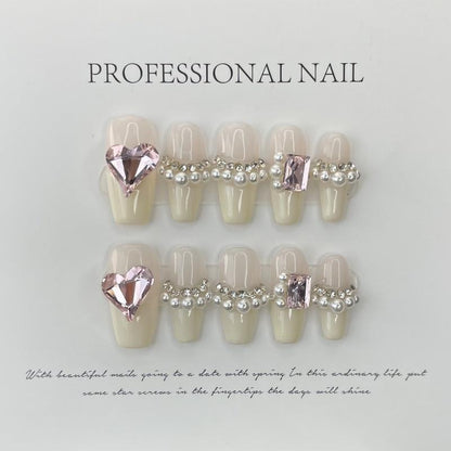 White French Nail with Pearl Edge Handmade Press On Nail