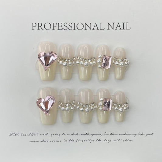 White French Nail with Pearl Edge Handmade Press On Nail