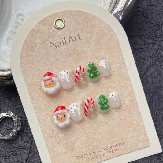 White Grandpa Christmas Short Nails Handmade Press On Nail