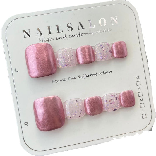 Pink Glitter Square Handmade Press On Toe Nails