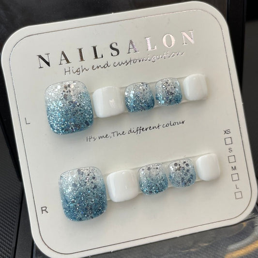 Blue Gradient Glitter Square Handmade Press On Toe Nails